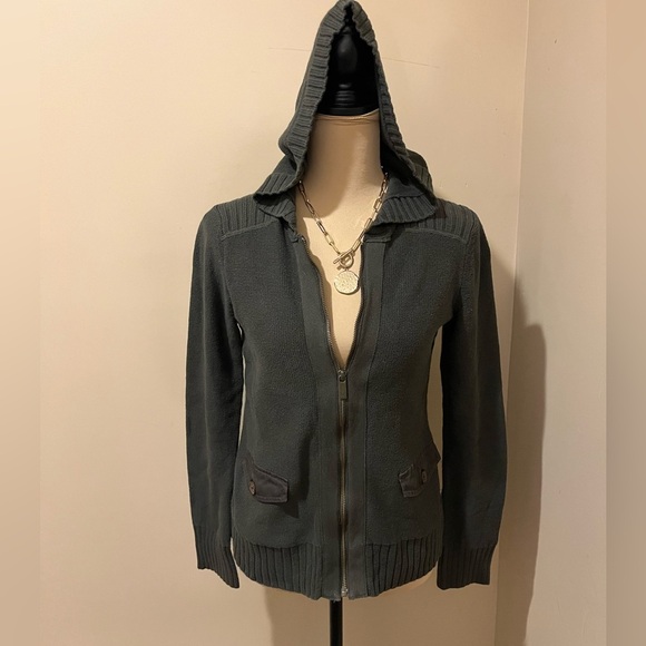 Eddie Bauer Dark Olive Green Hooded Military Inspired Zip-Up Sweater, size XS - Picture 1 of 8